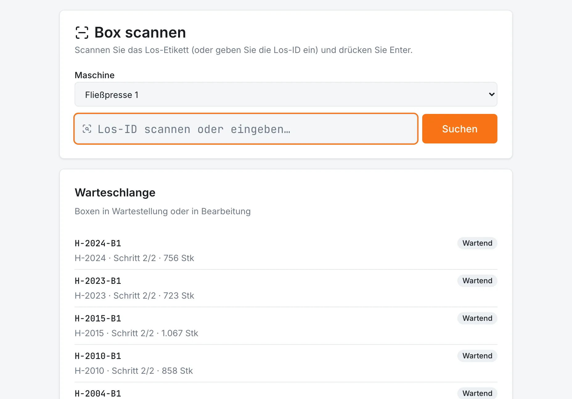 Screenshot des Werkspur Werker-Terminals: Los-Etikett scannen und Warteschlange der Maschine